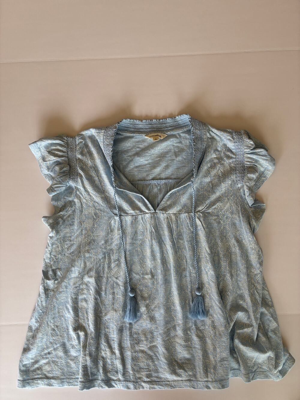 Lucky Brand Womens Blue Paisley Floral Flutter Sleeve Boho Tie Blouse Top L
